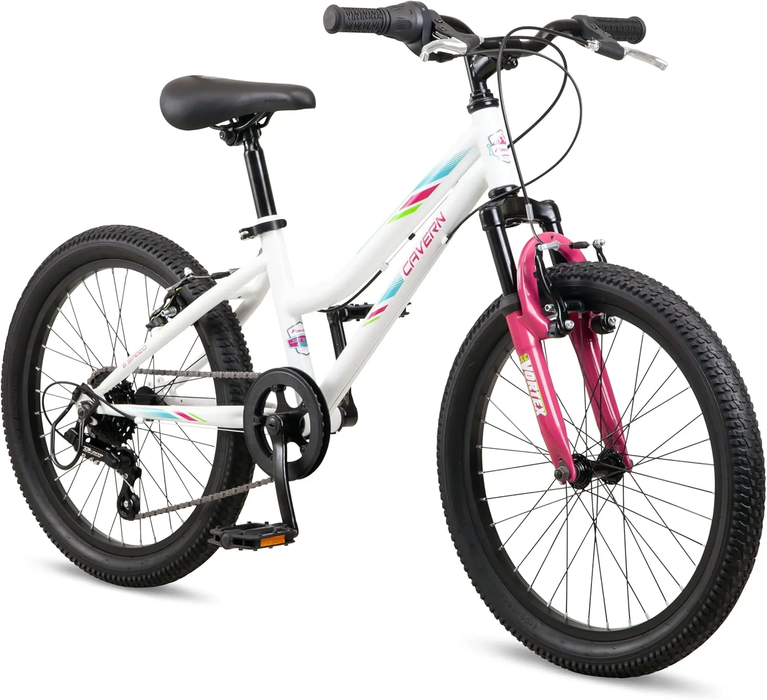Cavern Mountain Bike for Youth or Adult Boys Girls, 7 or 21-Speed Twist Shifter Options, 20/24/26-Inch Wheels, 11 to 17.5-Inch Steel Frame, Front Suspension, Kickstand Included