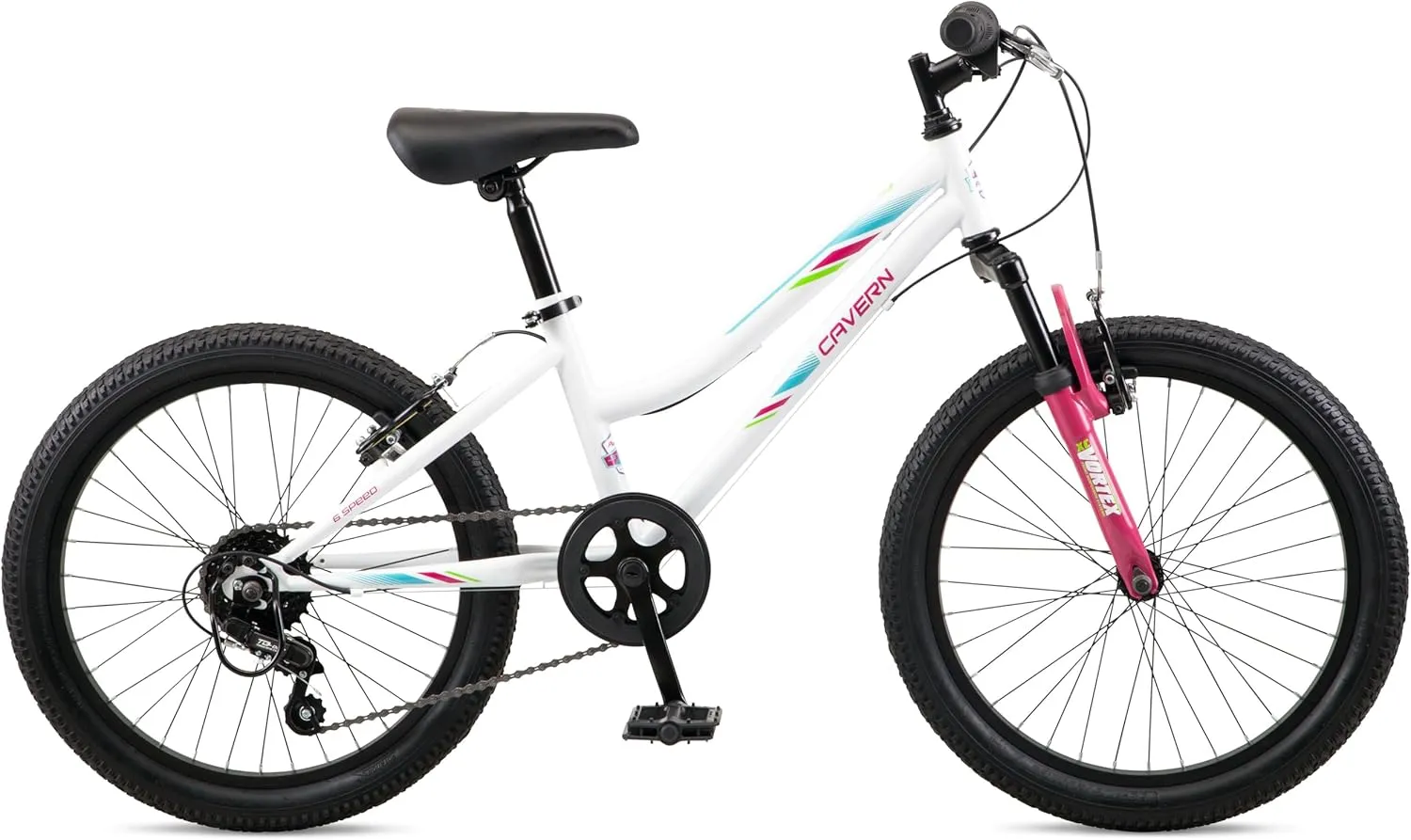 Cavern Mountain Bike for Youth or Adult Boys Girls, 7 or 21-Speed Twist Shifter Options, 20/24/26-Inch Wheels, 11 to 17.5-Inch Steel Frame, Front Suspension, Kickstand Included