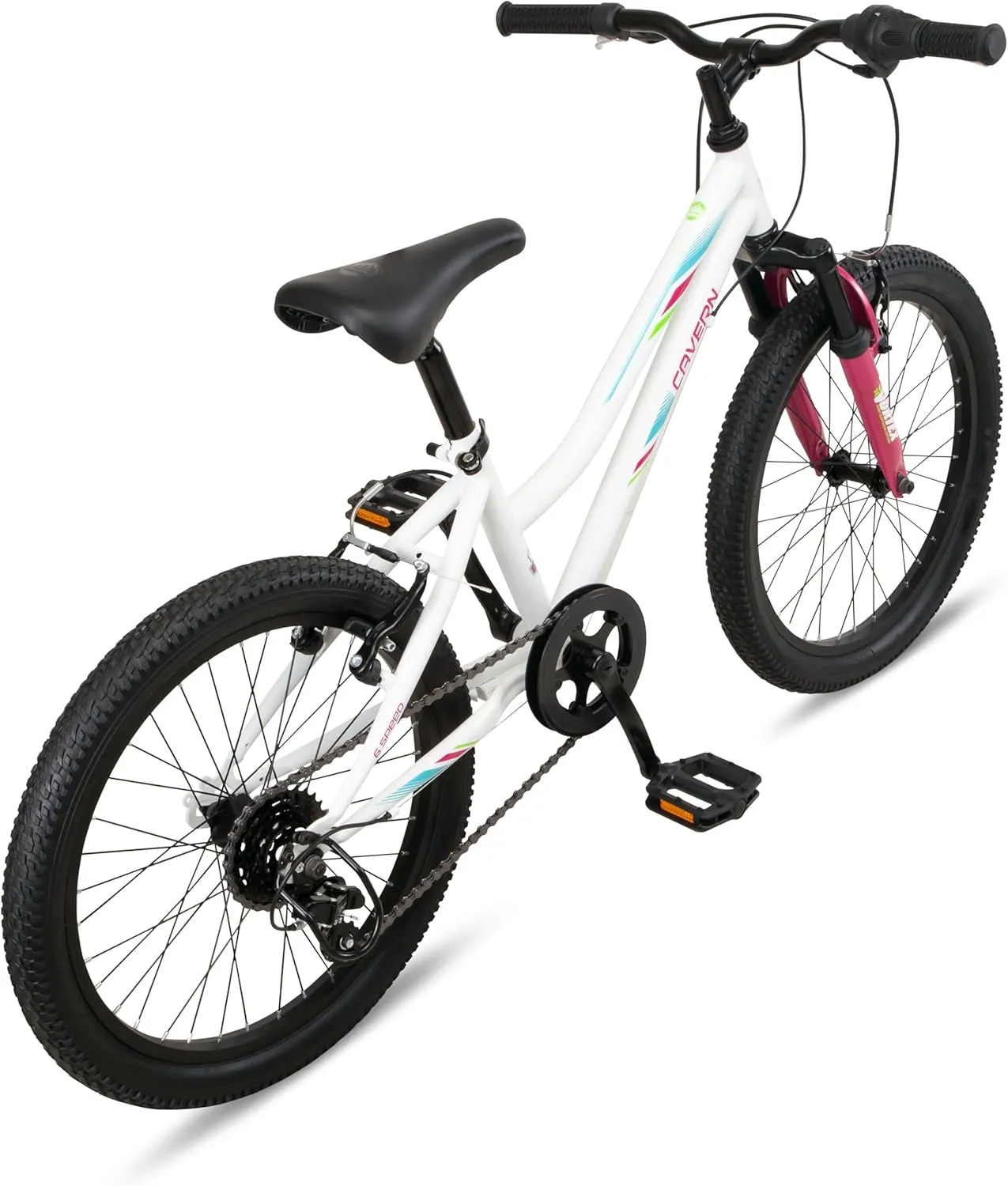 Cavern Mountain Bike for Youth or Adult Boys Girls, 7 or 21-Speed Twist Shifter Options, 20/24/26-Inch Wheels, 11 to 17.5-Inch Steel Frame, Front Suspension, Kickstand Included