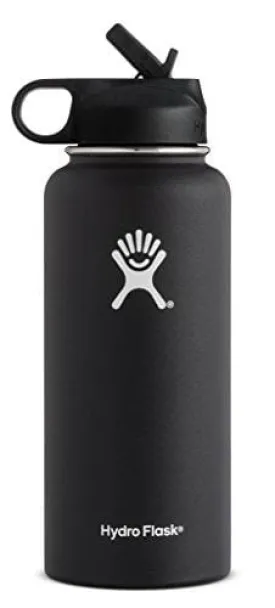 Hydro Flask Vacuum Insulated Stainless Steel Water Bottle Wide Mouth with Straw Lid (Black, 40-Ounce)