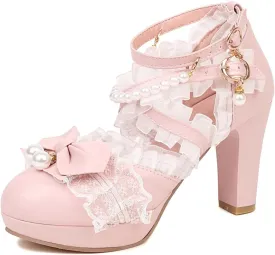 Kawii Shoes Bow Pearl Heels Lolita Platform Heels for Women Lace Cute Mary Janes Pumps