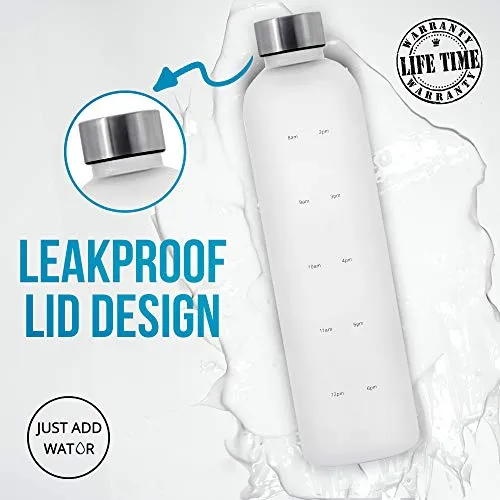 Motivational Water Bottle with Time Marker Reminder, BPA Free Frosted Tritan Plastic, Leakproof and Drop Resistant, 1 Liter 32 Oz (The Original)