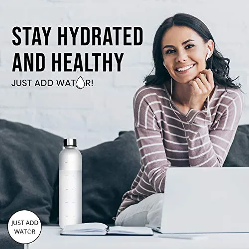 Motivational Water Bottle with Time Marker Reminder, BPA Free Frosted Tritan Plastic, Leakproof and Drop Resistant, 1 Liter 32 Oz (The Original)