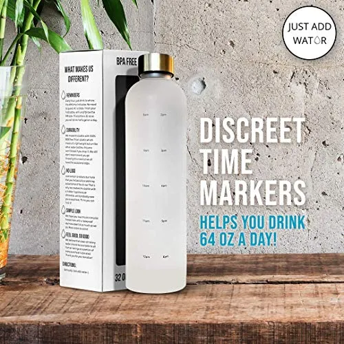 Motivational Water Bottle with Time Marker Reminder, BPA Free Frosted Tritan Plastic, Leakproof and Drop Resistant, 1 Liter 32 Oz (The Original)