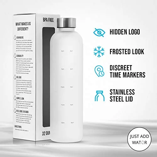 Motivational Water Bottle with Time Marker Reminder, BPA Free Frosted Tritan Plastic, Leakproof and Drop Resistant, 1 Liter 32 Oz (The Original)