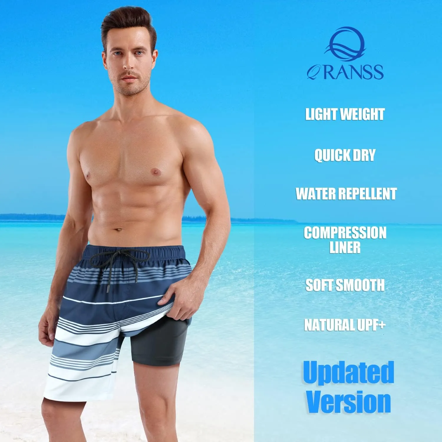 QRANSS Mens Swimming Trunks with Compression Liner 9'' Quick Dry Long Swim Shorts Swimwear Boardshorts with Boxer Brief Liner