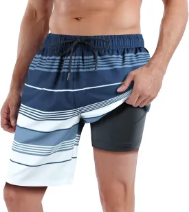 QRANSS Mens Swimming Trunks with Compression Liner 9'' Quick Dry Long Swim Shorts Swimwear Boardshorts with Boxer Brief Liner