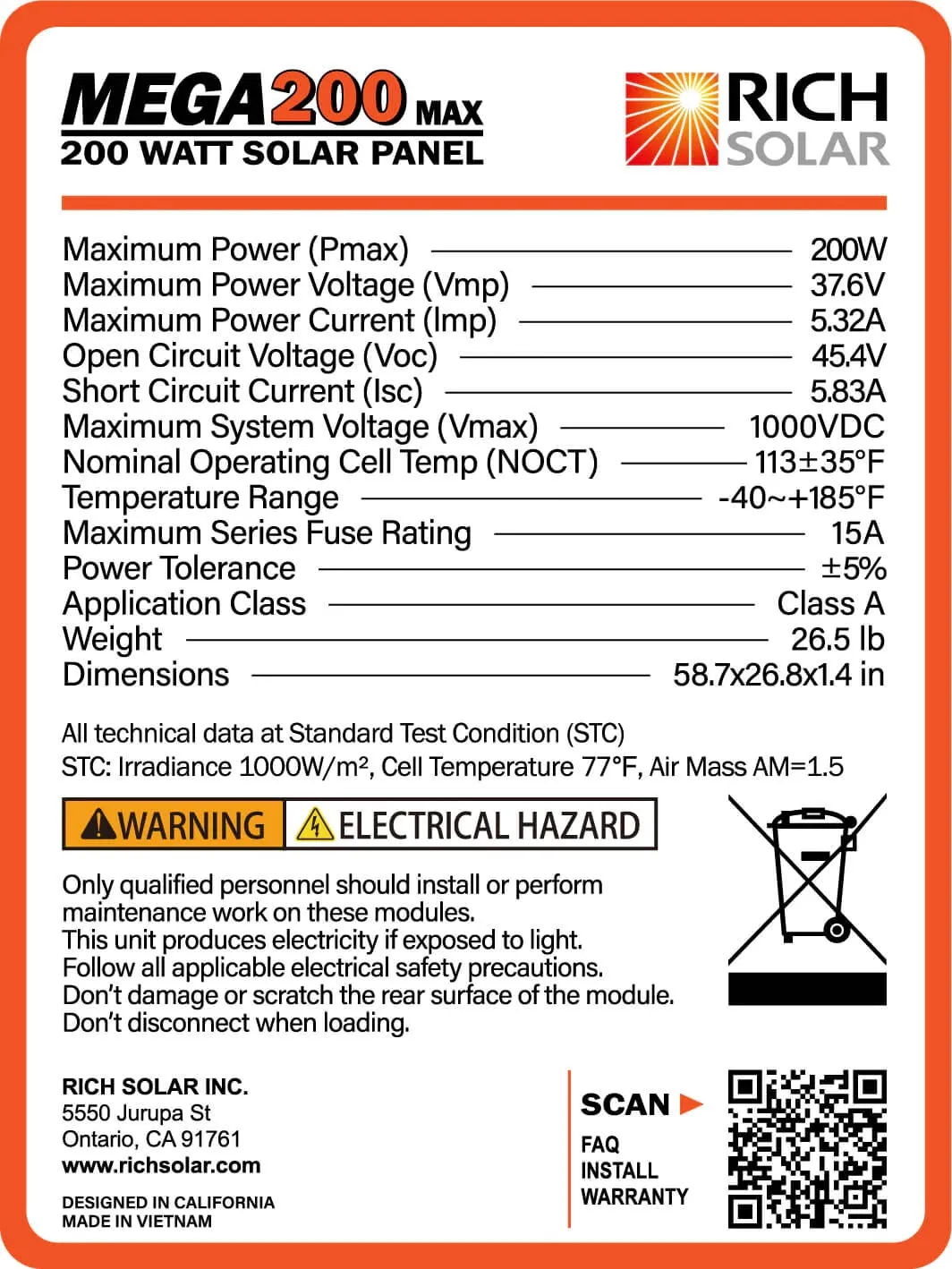Rich Solar MEGA 200 Watt Monocrystalline 24V Solar Panel