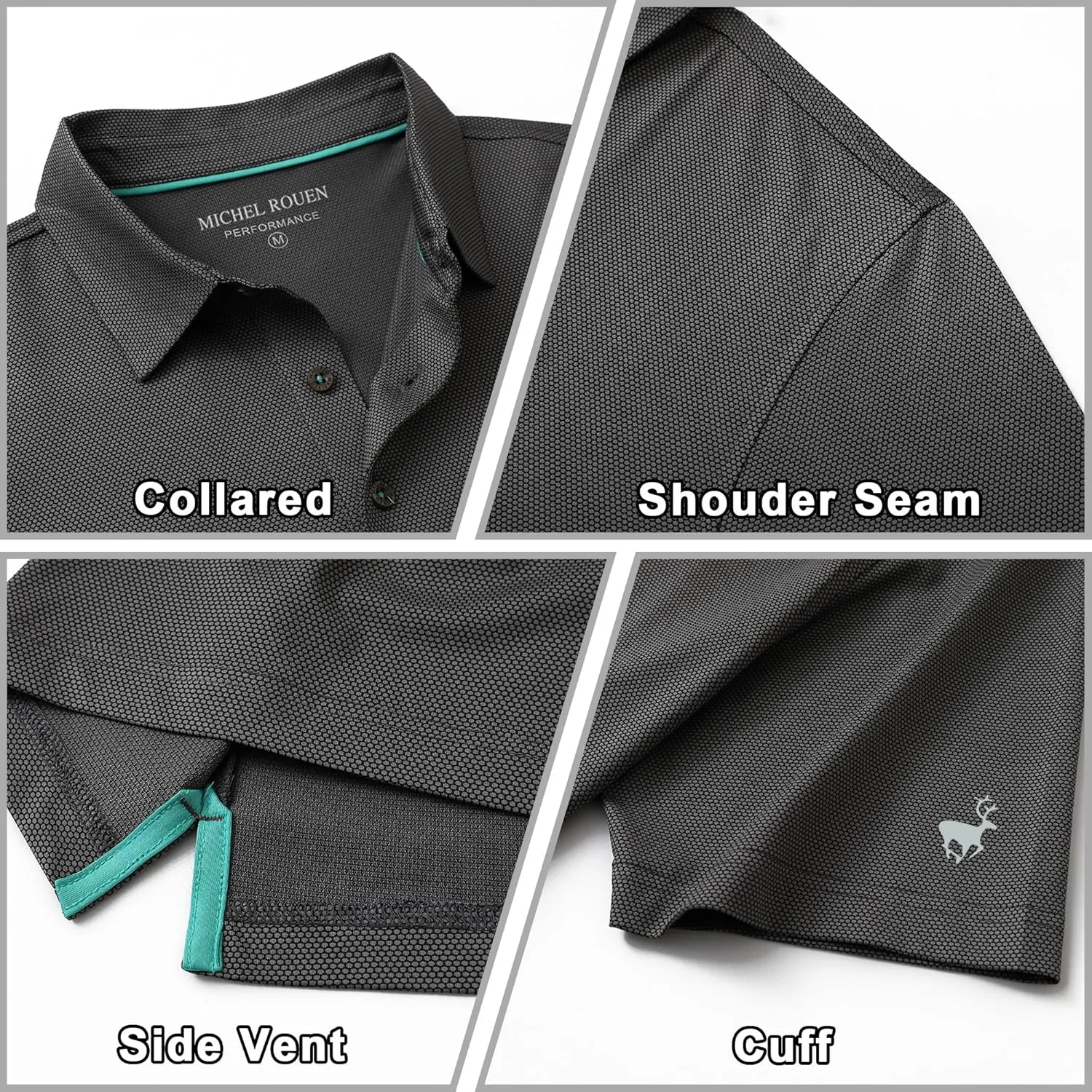 Rouen Mens Golf Shirts Short Sleeve Dry Fit Jacquard Performance Moisture Wicking Casual Pocket Collared Polo Shirts for Men