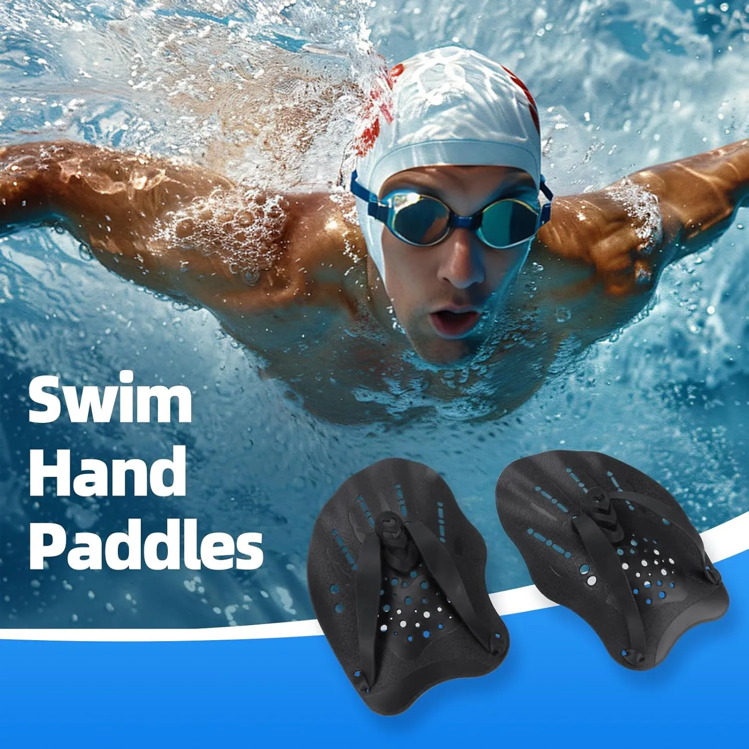UCEDER 2pcs Swim Hand Paddles for Lap Swimming Training, Adjustable Elastic Straps Swim Gear for Adults & Kids - Improves Speed, Form & Stroke Technique