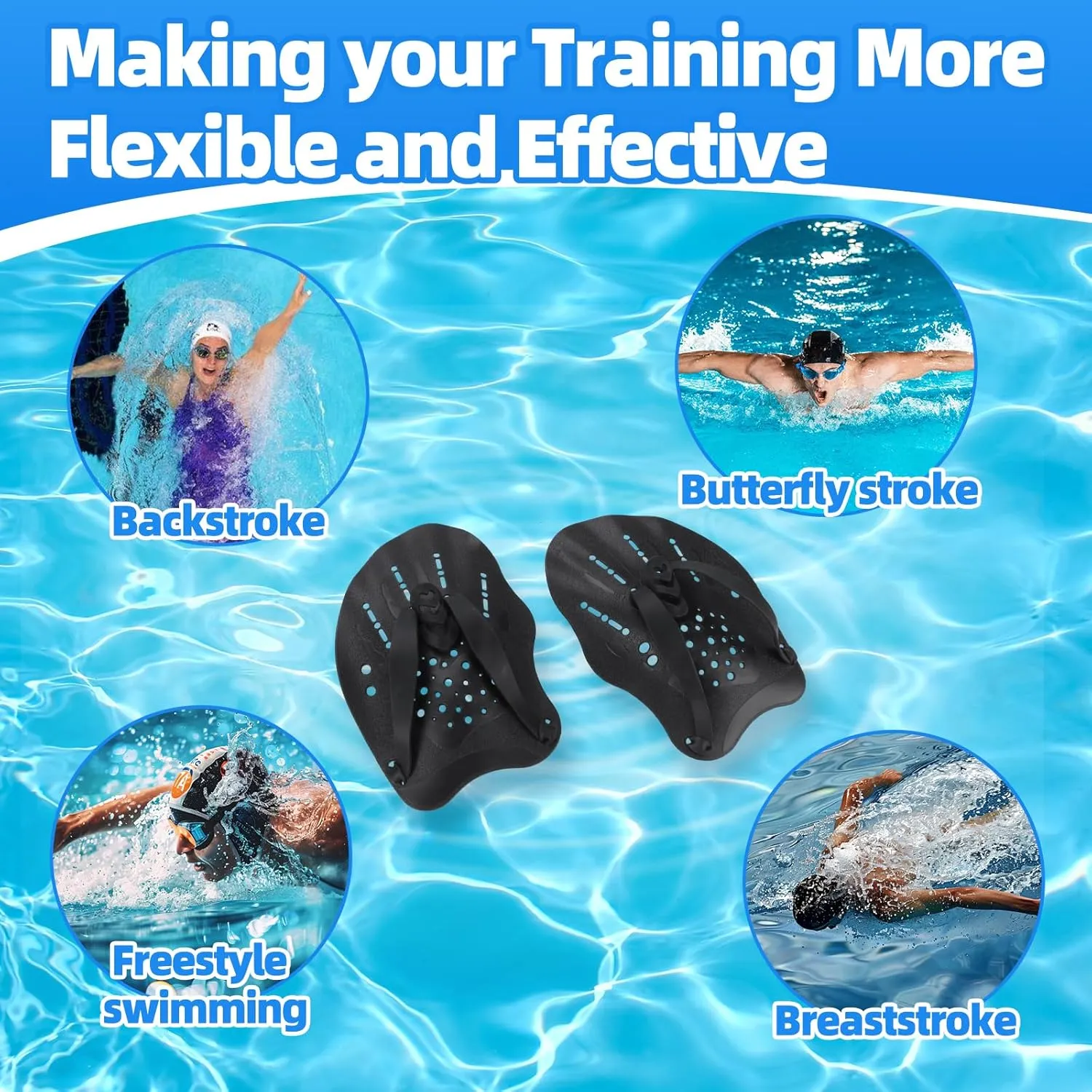 UCEDER 2pcs Swim Hand Paddles for Lap Swimming Training, Adjustable Elastic Straps Swim Gear for Adults & Kids - Improves Speed, Form & Stroke Technique