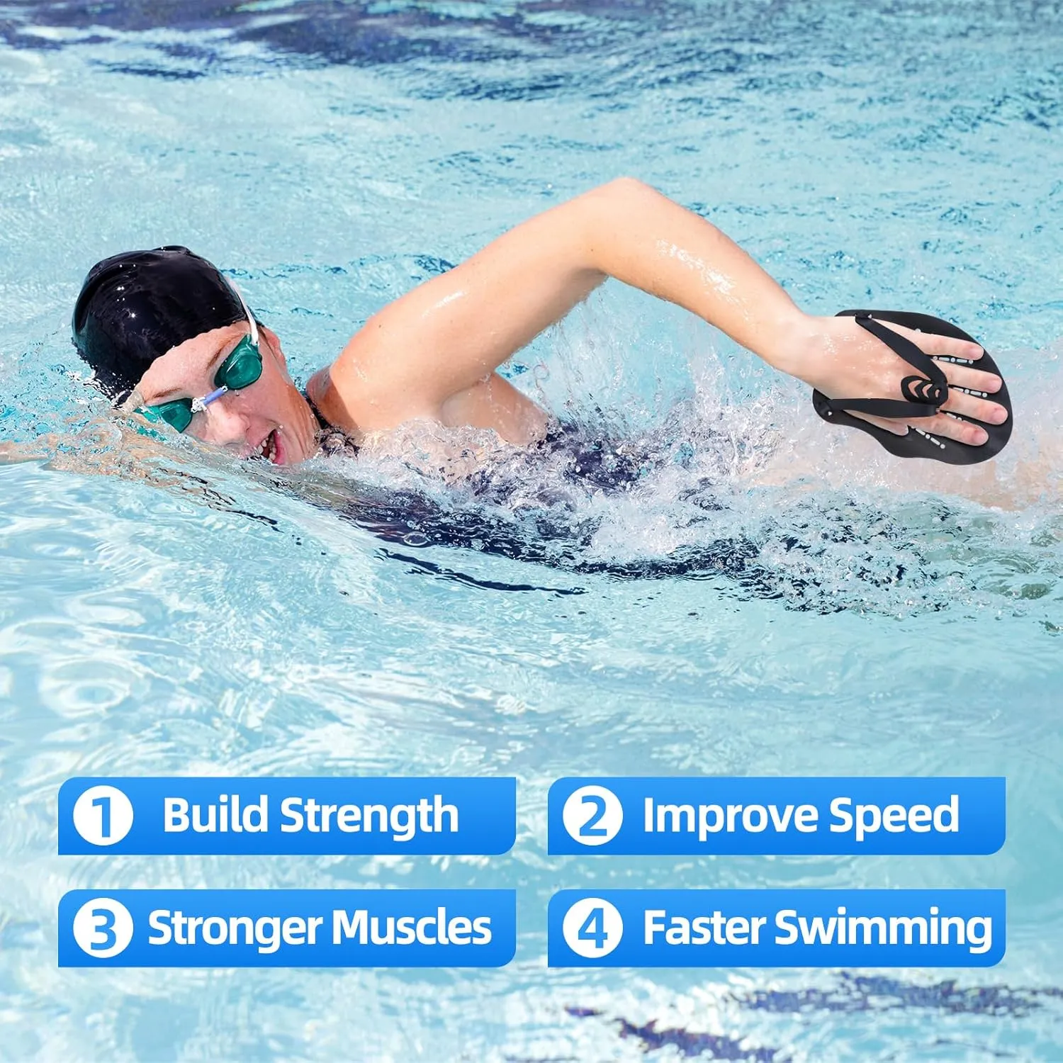 UCEDER 2pcs Swim Hand Paddles for Lap Swimming Training, Adjustable Elastic Straps Swim Gear for Adults & Kids - Improves Speed, Form & Stroke Technique