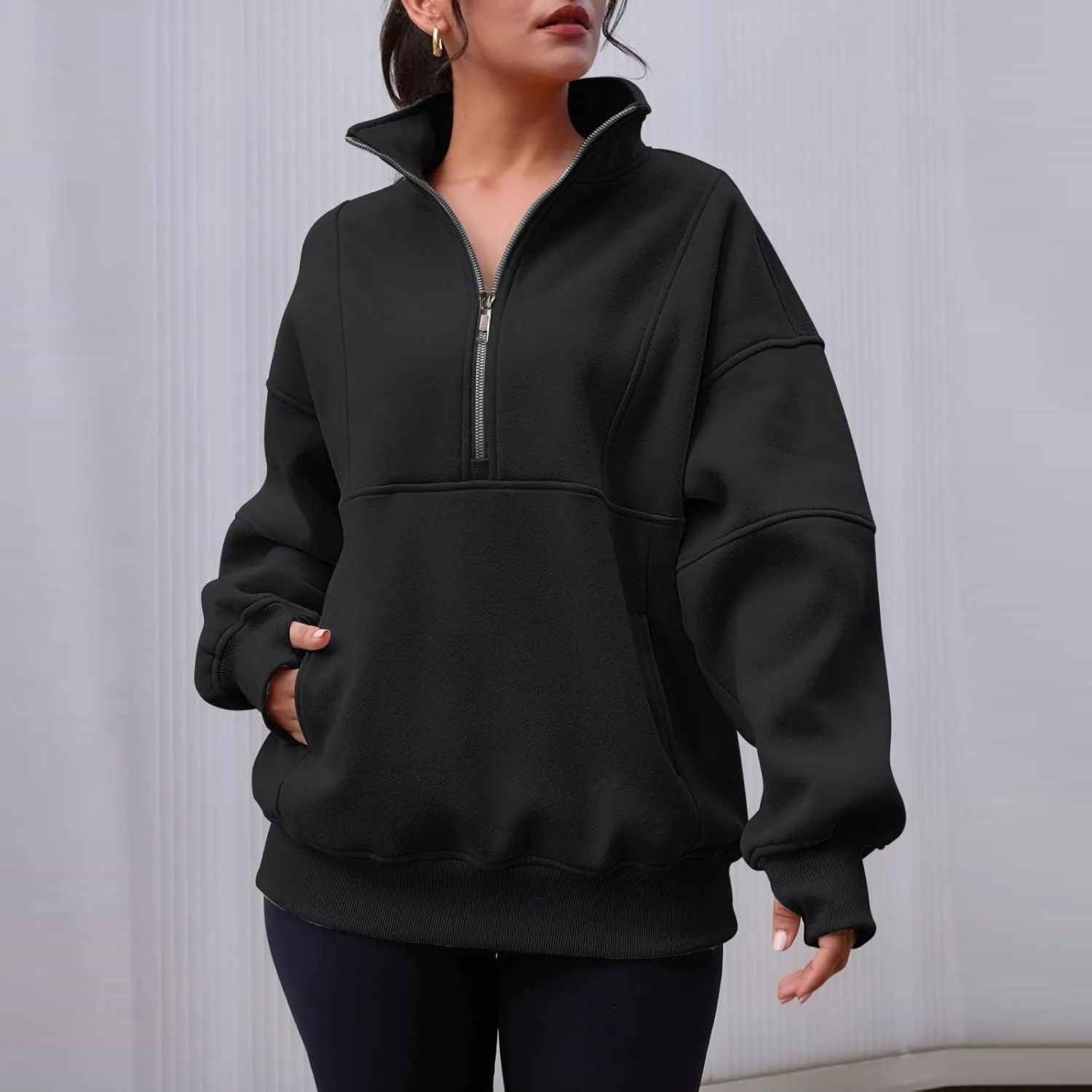 Womens Fleece Pullover Oversized Mock Neck Half Zip Sweatshirt Long Sleeve Fall Casual Comfy Hoodie Preppy Clothes