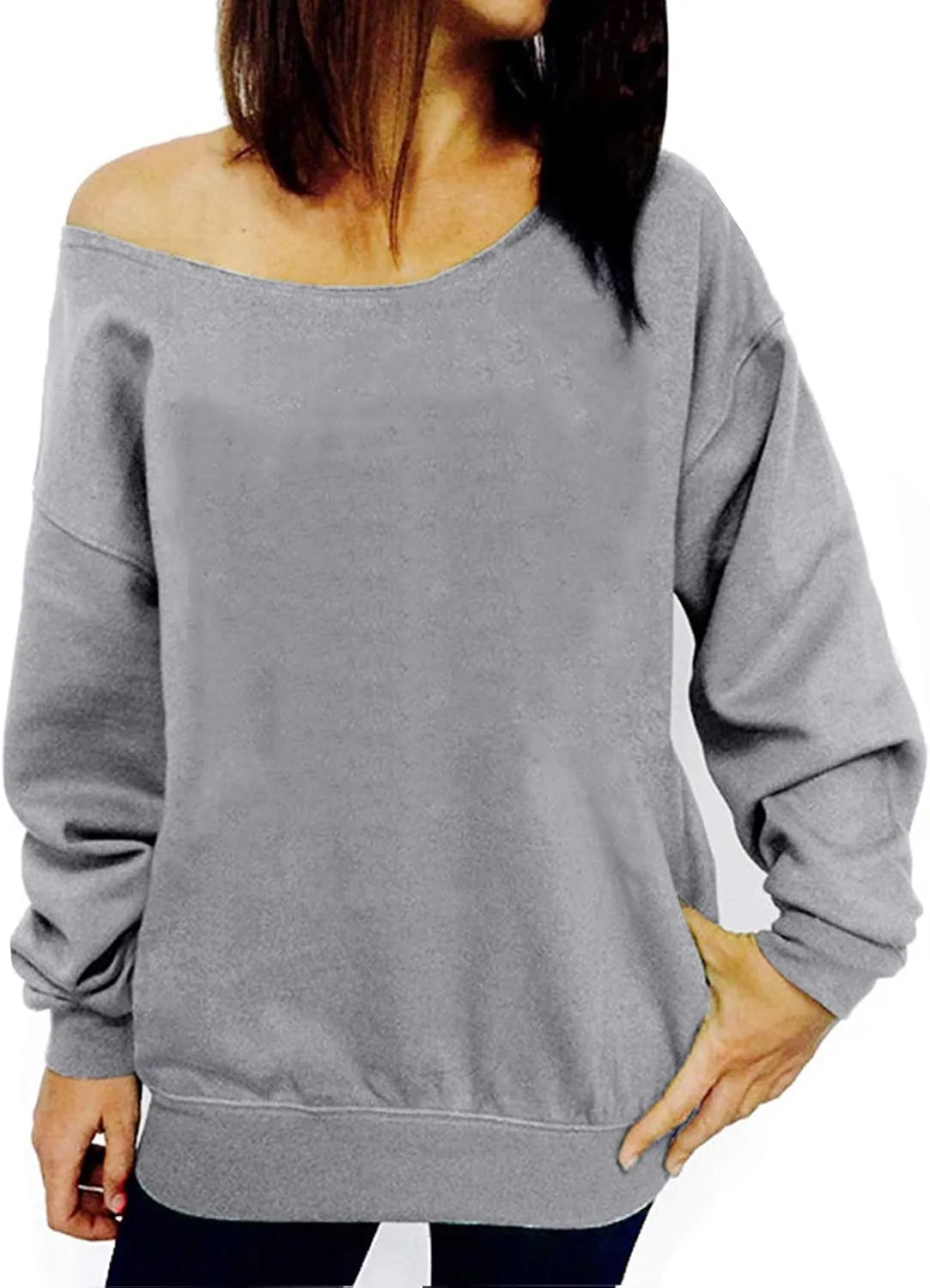 Womens Off Shoulder Sweatshirt Slouchy Long Sleeve Shirts Pullover Tops