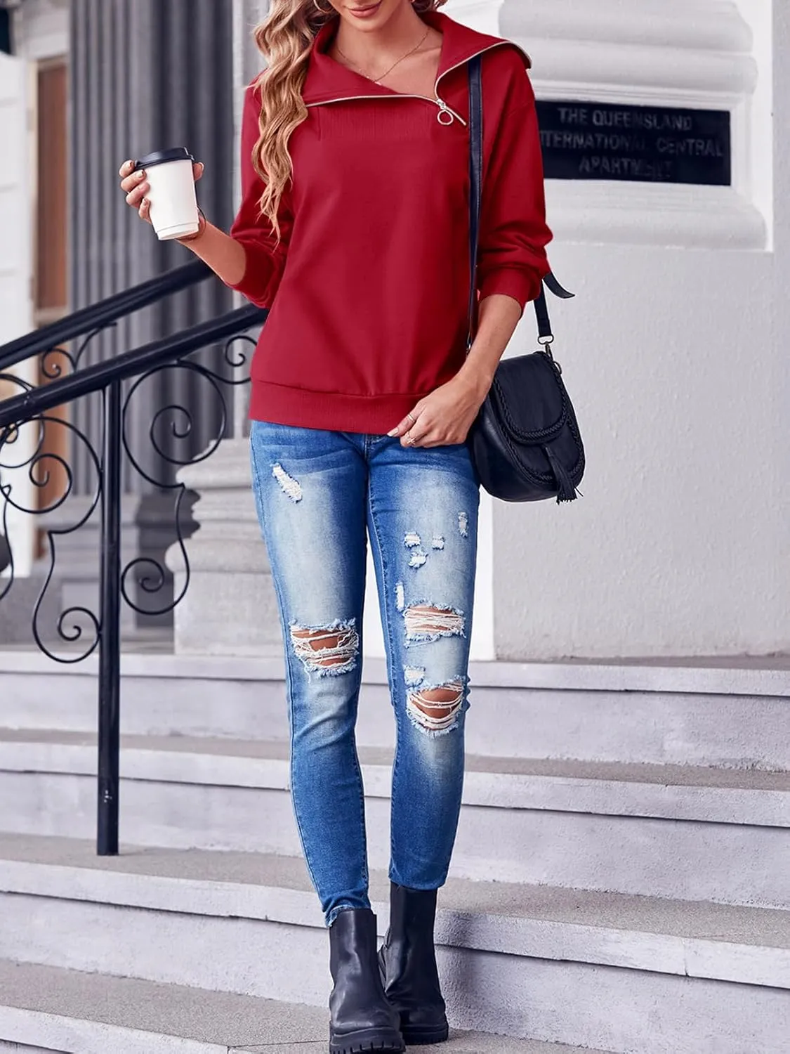 Womens Zipper Sweatshirt Turtleneck Long Sleeve Pullover Casual Loose Sweatshirts Top T Shirts