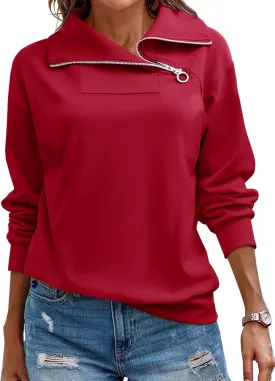 Womens Zipper Sweatshirt Turtleneck Long Sleeve Pullover Casual Loose Sweatshirts Top T Shirts