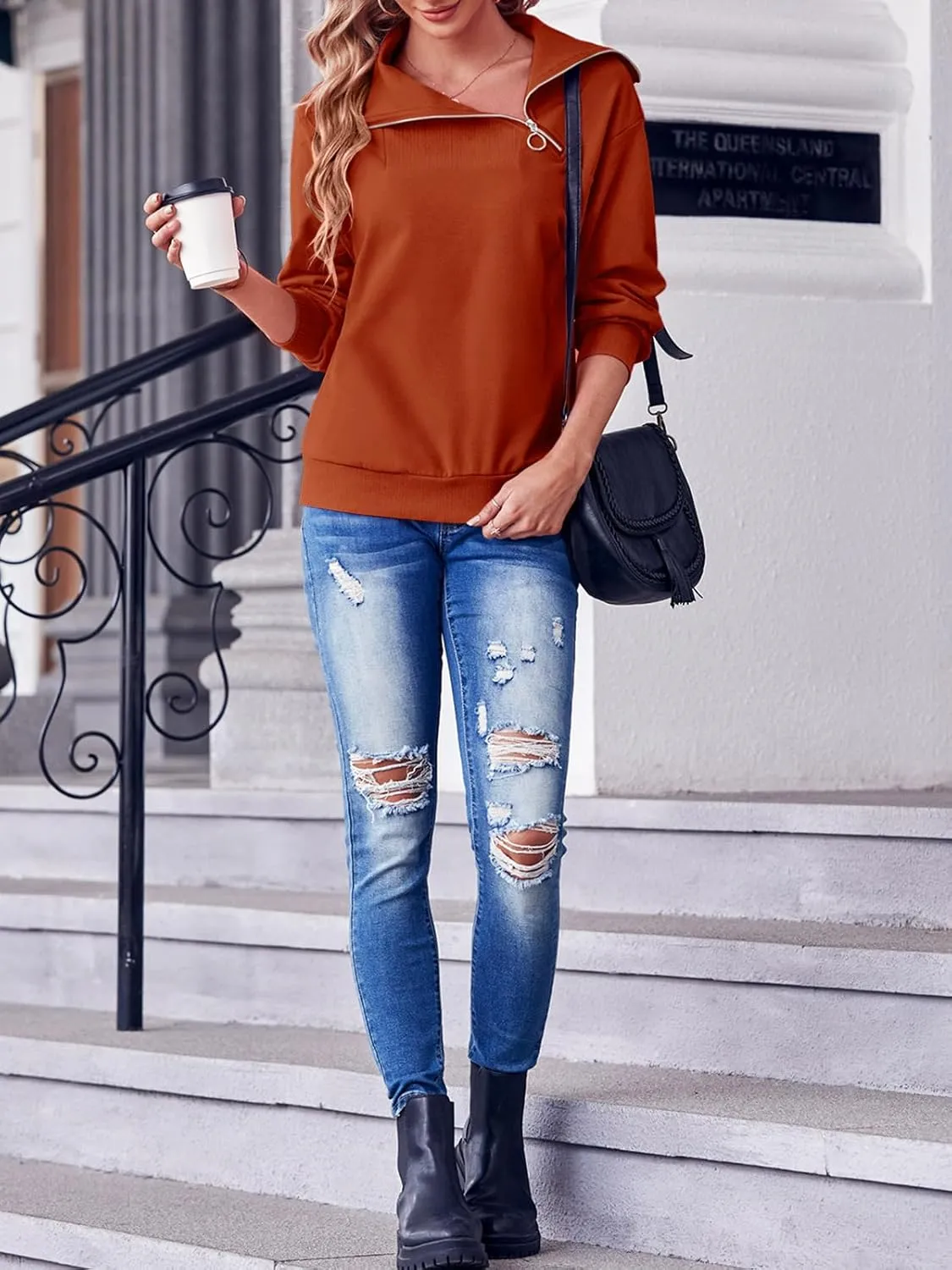 Womens Zipper Sweatshirt Turtleneck Long Sleeve Pullover Casual Loose Sweatshirts Top T Shirts