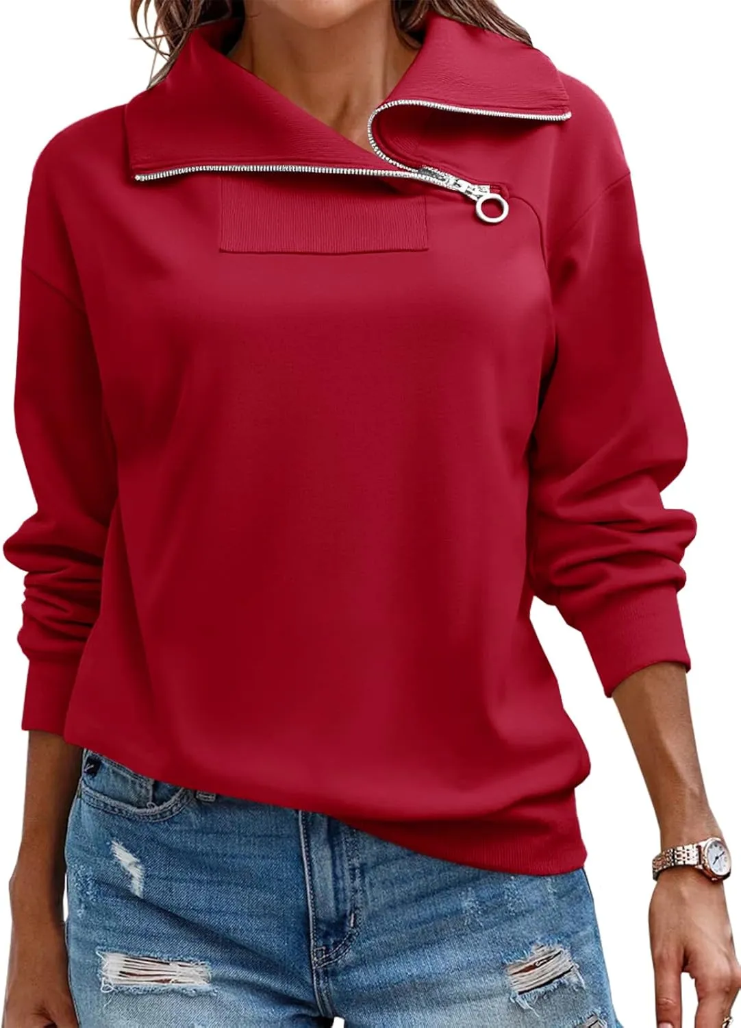 Womens Zipper Sweatshirt Turtleneck Long Sleeve Pullover Casual Loose Sweatshirts Top T Shirts