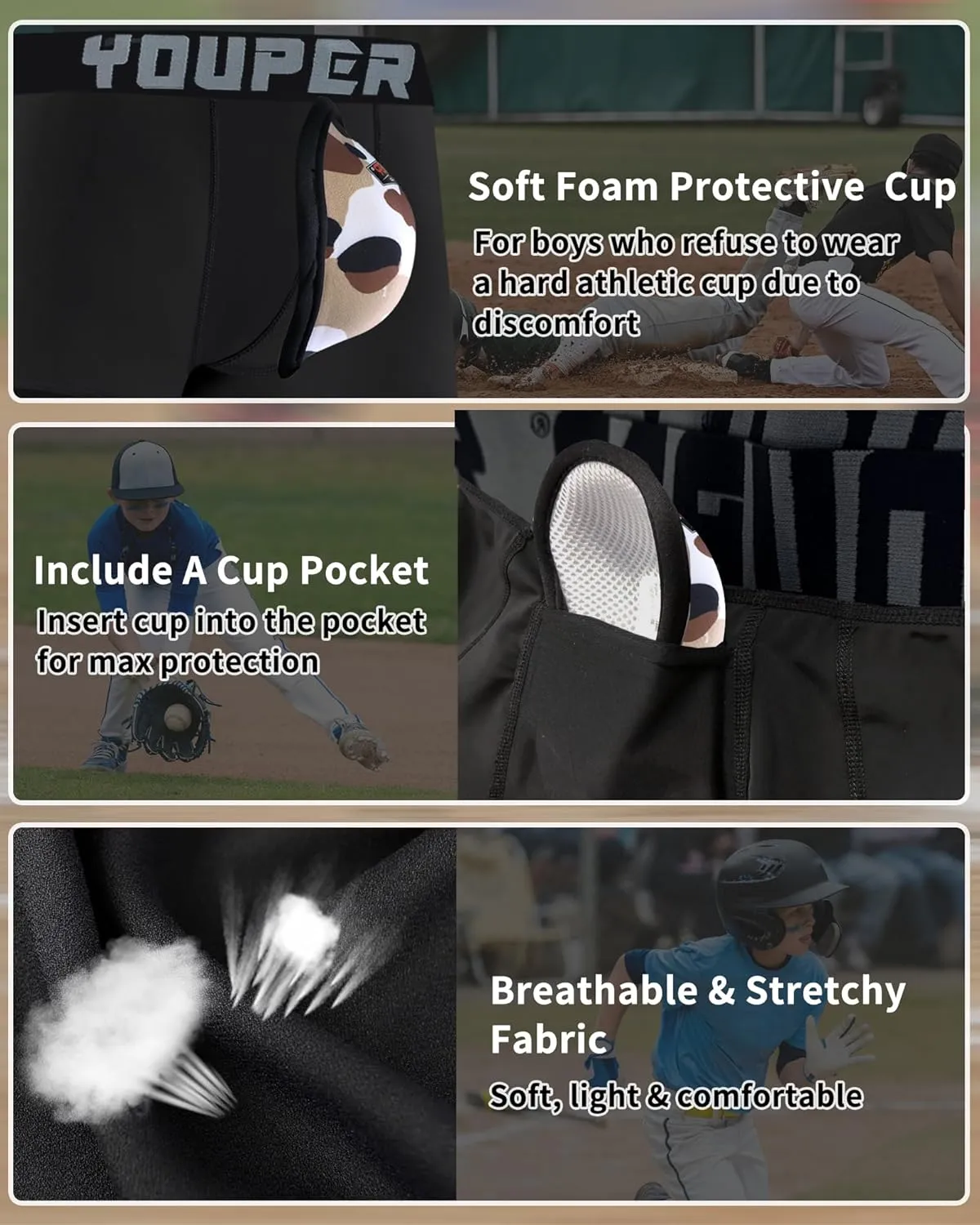 Youper Youth Elite Boxer Briefs w/Soft Athletic Cup, Boys Stretch Boxer Jock for Baseball & Football